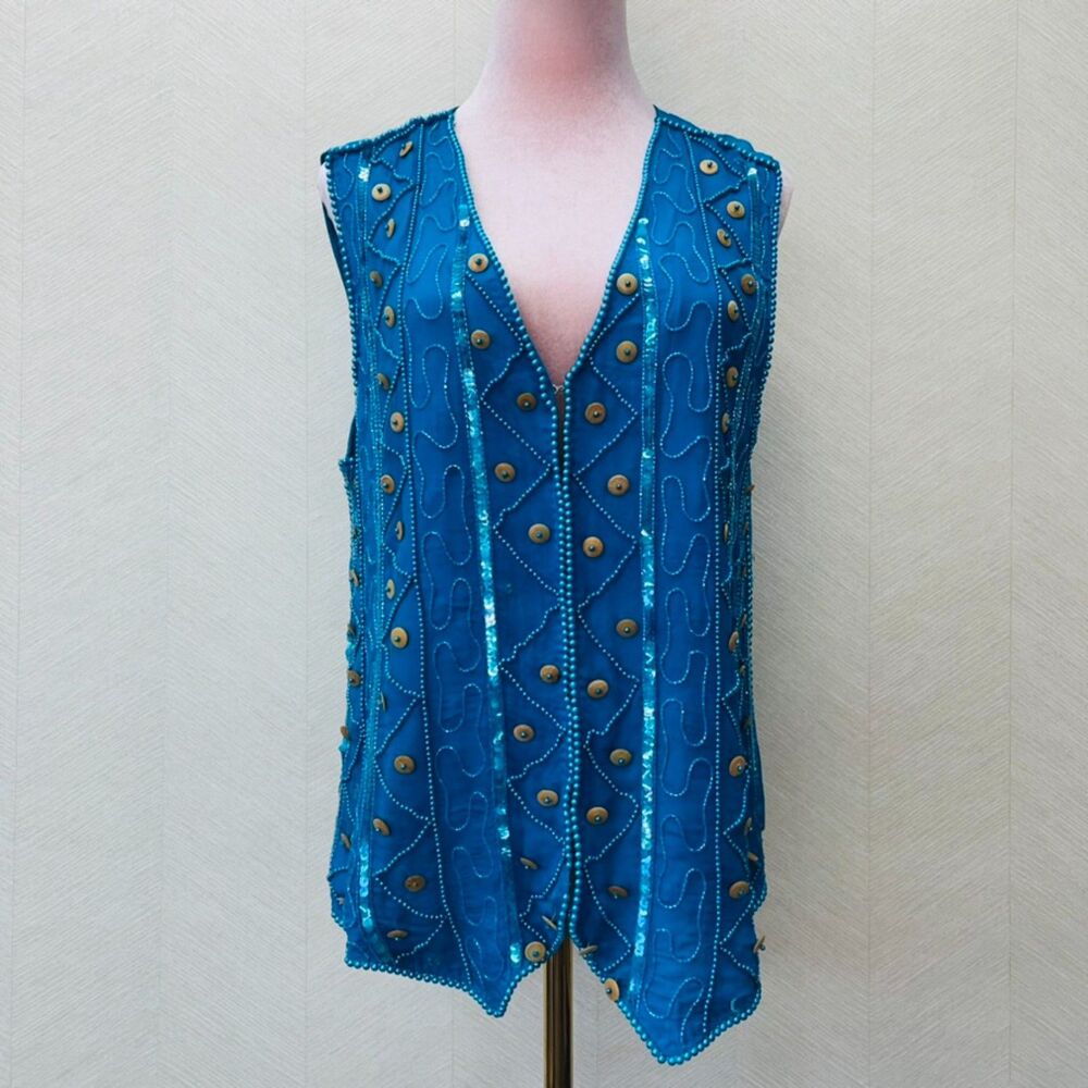 Carole Little 100% silk Bright Blue Vest with Beads 90s style Womens Size M/L